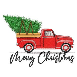 Merry Christmas Truck Embroidery Design, Christmas Tree Embroidery File, 4 sizes, Instant Download