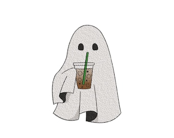 Diseño de bordado de fantasma con café helado, archivo de bordado a máquina de Halloween, decoración espeluznante para amantes del café de otoño para bastidor de 4x4 5x7, descarga instantánea