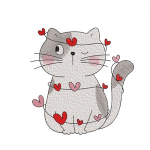 Cat in Love Borduurwerk Ontwerp, Valentijnsdag Borduurbestand, 3 maten, Instant Download