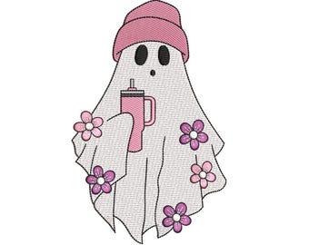 Cute Floral Ghost With Cup Embroidery Design Halloween Ghost Embroidery File For 4x4 5x7 Hoops Instant Download Spooky Cute Stitch Design