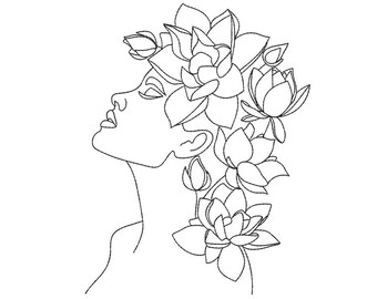 Woman with Flowers Embroidery Design, One Line Art Embroidery File, 5 sizes, Instant Download