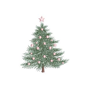 May include: Embroidered Christmas tree with green needles, adorned with pink ornaments and a pink star topper. The tree has a brown trunk and is set against a white background. A festive holiday decoration.
