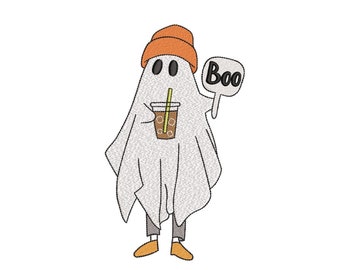 Ghost with Iced Coffee Embroidery Design Halloween Machine Embroidery File Spooky Cute Ghost Pattern Instant Download Hoops 5x7 6x10 8x8