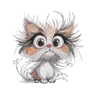 May include: Embroidered cartoon cat with large eyes, long eyelashes, and a pink nose. The cat has a fluffy, multi-colored coat in shades of brown, white, and gray. The design features detailed stitching and a whimsical, expressive style.