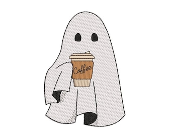 Borduurontwerp spook met koffie, Halloween-borduurontwerp, 3 maten, direct downloaden
