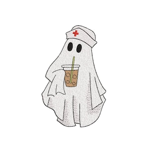 Nurse Ghost with Iced Coffee Embroidery Design, Halloween Ghost Machine Embroidery Design, 3 sizes, Instant Download