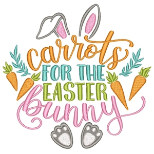 K&ouml;nnte beinhalten: Ein gesticktes Design mit einem Hasen mit Karotten und dem Text "Karotten f&uuml;r den Osterhasen". Das Design ist in den Farben Rosa, Orange, Gr&uuml;n und Grau gehalten.