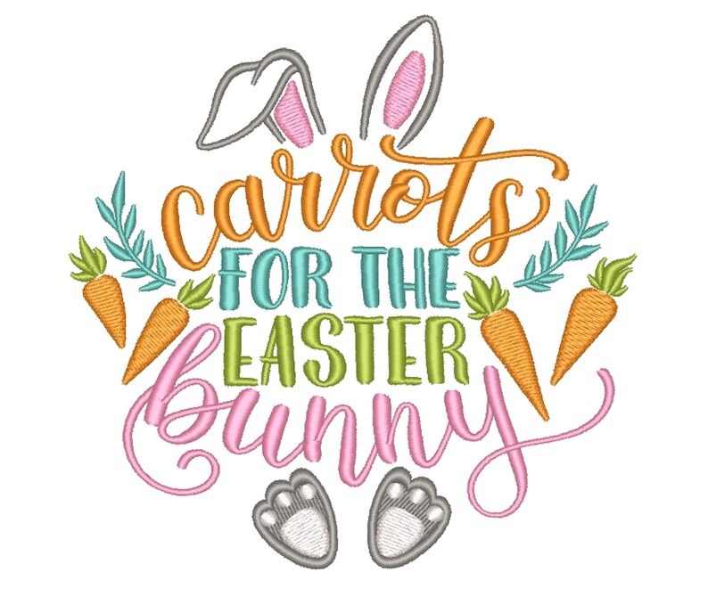 K&ouml;nnte beinhalten: Ein gesticktes Design mit einem Hasen mit Karotten und dem Text "Karotten f&uuml;r den Osterhasen". Das Design ist in den Farben Rosa, Orange, Gr&uuml;n und Grau gehalten.