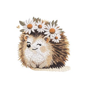 May include: A brown and white hedgehog with a happy expression, wearing a crown of white daisies with yellow centres. The hedgehog is sitting on a white background.