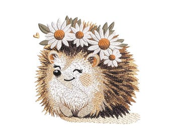 Happy flower hedgehog Embroidery Design, Cute forest animal Machine Embroidery File, 4 sizes, Instant Download