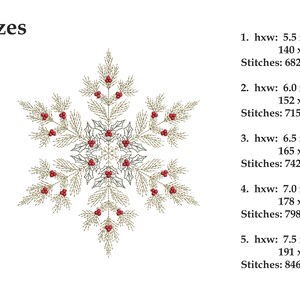 Puede incluir: Dise&ntilde;o de copo de nieve bordado con cinco opciones de tama&ntilde;o. El copo de nieve presenta un patr&oacute;n detallado con ramas doradas, bayas rojas y un centro plateado. Los tama&ntilde;os var&iacute;an de 140 x 121 mm a 191 x 165 mm.