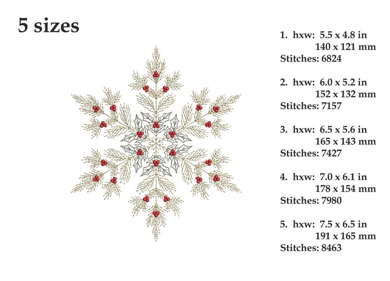Puede incluir: Dise&ntilde;o de copo de nieve bordado con cinco opciones de tama&ntilde;o. El copo de nieve presenta un patr&oacute;n detallado con ramas doradas, bayas rojas y un centro plateado. Los tama&ntilde;os var&iacute;an de 140 x 121 mm a 191 x 165 mm.