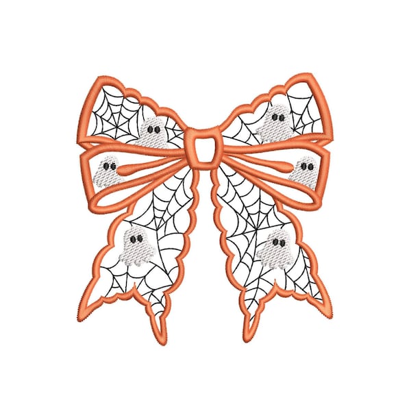 Halloween Ghost and Spider Web Bow Machine Embroidery Design for 5x7–6x10 Digital File