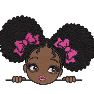 Peekaboo girl with puff afro ponytails embroidery design, Cute black African American kids embroidery, 3 sizes, Instant download
