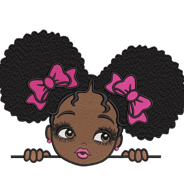 Peekaboo girl with puff afro ponytails Stickdatei, süße schwarze afroamerikanische Kinderstickerei, 3 Größen, Sofort download