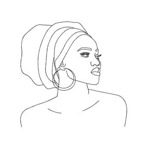 Beautiful African Woman Embroidery Design, Line Art Embroidery Design, 4 sizes, Instant Download