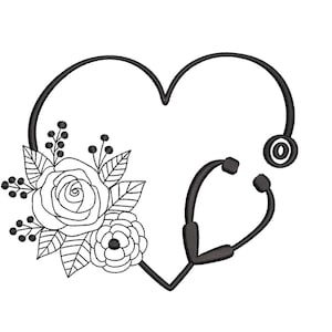Nurse Floral Frame Embroidery Design, Nurse Life Embroidery, Nurse Heart, Stethoscope Embroidery File, 3 sizes, Instant download