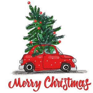 Merry Christmas Embroidery Design, Christmas Car with Tree Embroidery File, 5 sizes, Instant Download