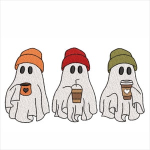 以下が含まれることがあります： 異なる色のビーニーをかぶった3体の白い幽霊が、コーヒーカップを持っています。幽霊たちは笑顔で、コーヒーを楽しんでいるようです。