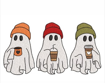 Spooky Ghost with Coffee Embroidery Design, Ghost Coffee Halloween Embroidery Design, Ghost Drinking Coffee Embroidery Design, 4 sizes