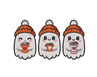 Cute Ghosts with Coffee Embroidery Design Halloween Spooky Ghost Machine Embroidery File Fall Decor Instant Download Hoops 5x7 6x10 8x8