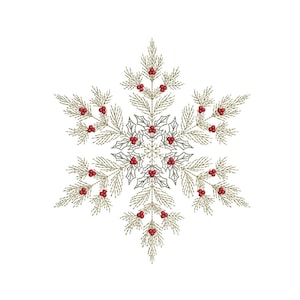 Puede incluir: Dise&ntilde;o de copo de nieve bordado con un tema festivo navide&ntilde;o. El copo de nieve presenta costuras detalladas en oro y plata, con acentos de bayas rojas. El dise&ntilde;o se establece sobre un fondo blanco limpio, creando un contraste llamativo.