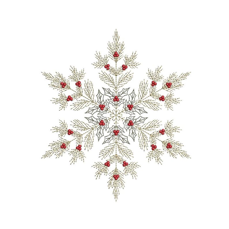 Puede incluir: Dise&ntilde;o de copo de nieve bordado con un tema festivo navide&ntilde;o. El copo de nieve presenta costuras detalladas en oro y plata, con acentos de bayas rojas. El dise&ntilde;o se establece sobre un fondo blanco limpio, creando un contraste llamativo.