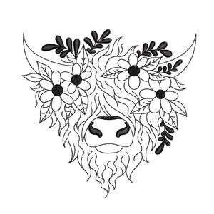 Floral cow embroidery design, long haired cow embroidery, Scottish cow embroidery design, highland cow embroidery, 4 sizes, Instant download