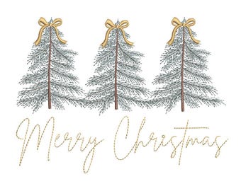 May include: A festive design featuring three stylized Christmas trees with gold bows atop, and the words "Merry Christmas" in elegant script below. The trees are detailed with silver-gray needles and brown trunks, set against a clean white background.