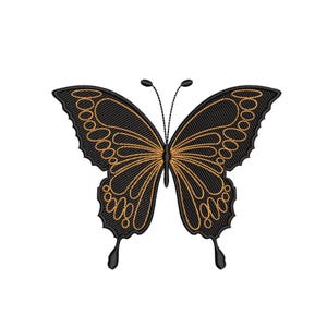 Może przedstawiać: Szczegółowy haftowany wzór motyla. Motyl ma czarne skrzydła ze złotymi akcentami i pasujący korpus. Skrzydła mają teksturowany wygląd, a wzór jest umieszczony na białym tle.