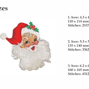 May include: A digital embroidery design of a Santa Claus face with a red hat and white beard. The design is available in three sizes: 4.3 x 4.5 inches, 5.3 x 5.5 inches, and 6.2 x 6.5 inches.