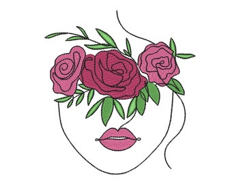 Broderidesign med ansikte och blommor, 5 storlekar, direktnedladdning