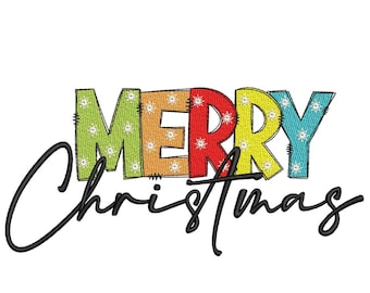 May include: A colorful "Merry Christmas" design with the word "Merry" in block letters with a patchwork design and the word "Christmas" in cursive script.
