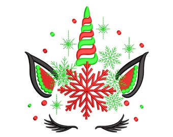 May include: A Christmas unicorn design with a red and green candy cane horn, red snowflake, and green snowflakes. The unicorn has black eyelashes and green and red ears.