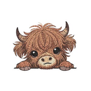 May include: A brown and white Highland cow with fluffy hair peeking over a surface. The cow has big brown eyes and a cute expression.