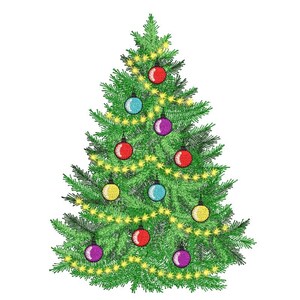 Pode incluir: Uma árvore de Natal verde decorada com luzes amarelas e ornamentos coloridos, incluindo bolas vermelhas, azuis, roxas e amarelas.