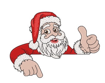 Könnte beinhalten: Ein Cartoon-Weihnachtsmann mit roter Mütze und weißem Bart schaut über eine weiße Fläche. Er zeigt mit der rechten Hand nach oben und mit der linken Hand nach unten.