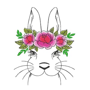Diseño de bordado de conejito floral, archivo de bordado de Pascua, 5 tamaños, descarga instantánea
