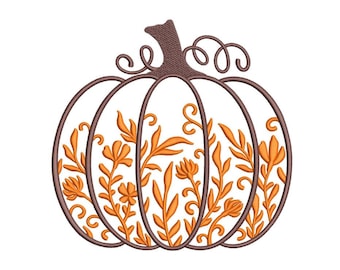 Floral Pumpkin Embroidery Design, Flower Pumpkin Embroidery File, Pretty Autumn Embroidery, 3 sizes, Instant Download