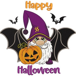 Halloween Gnome Embroidery Design, Happy Halloween Embroidery File, 3 sizes, Instant Download