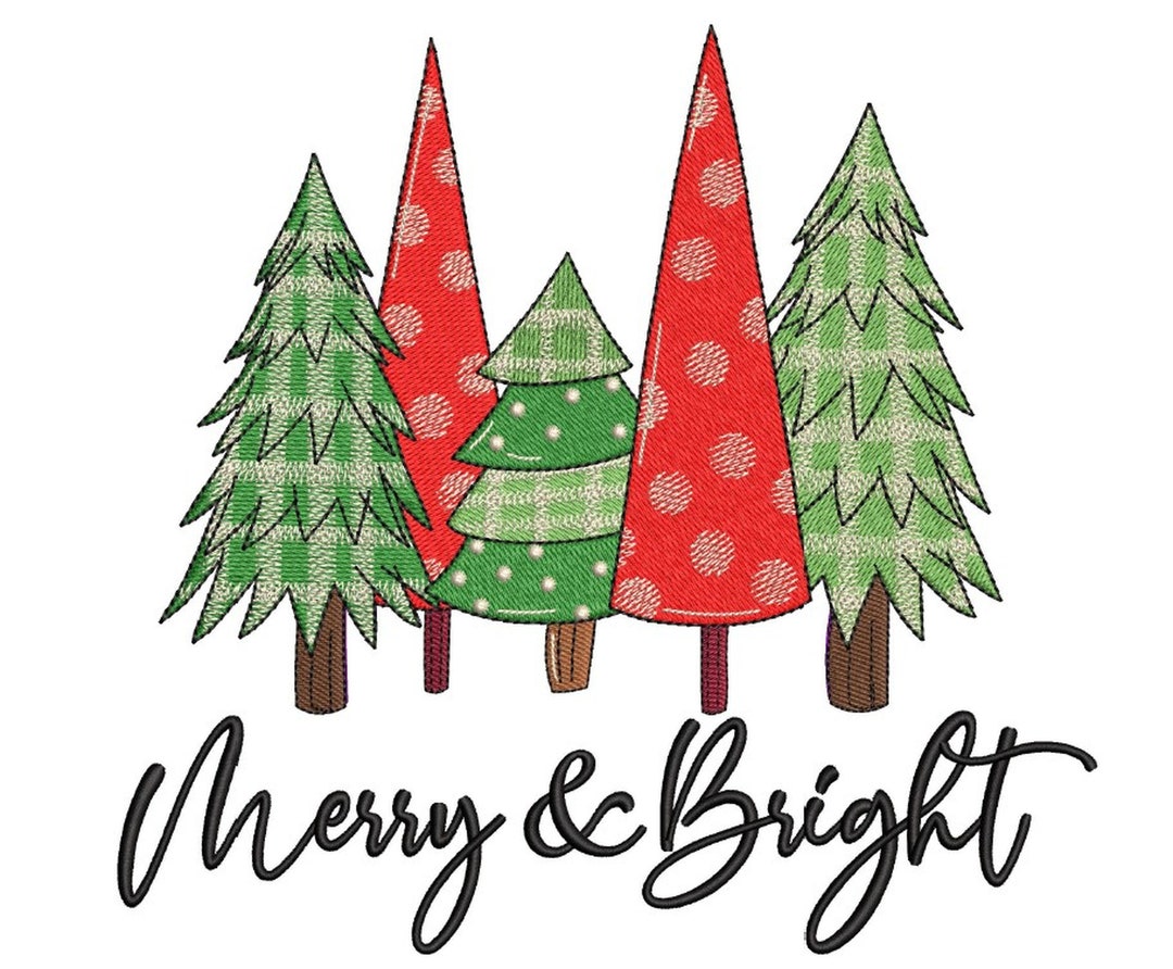Merry and Bright Christmas Tree Embroidery Design, Christmas Saying