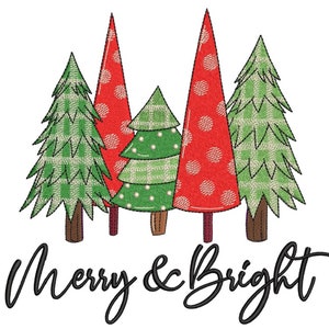 Merry and Bright Christmas Tree Embroidery Design, Christmas Saying Embroidery File, 3 sizes, Instant Download