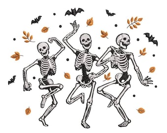 Disegno da ricamo di scheletri danzanti, file da ricamo di Halloween, 4 misure, download immediato