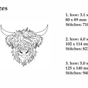 May include: Line drawing of a Highland cow head with a fluffy mane. The image includes text indicating three sizes with corresponding dimensions in inches and millimeters, and stitch counts.