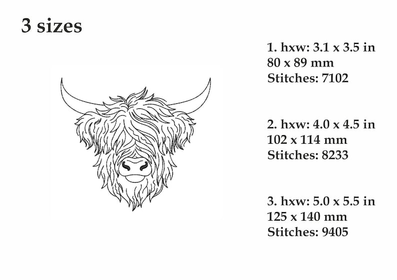 May include: Line drawing of a Highland cow head with a fluffy mane. The image includes text indicating three sizes with corresponding dimensions in inches and millimeters, and stitch counts.