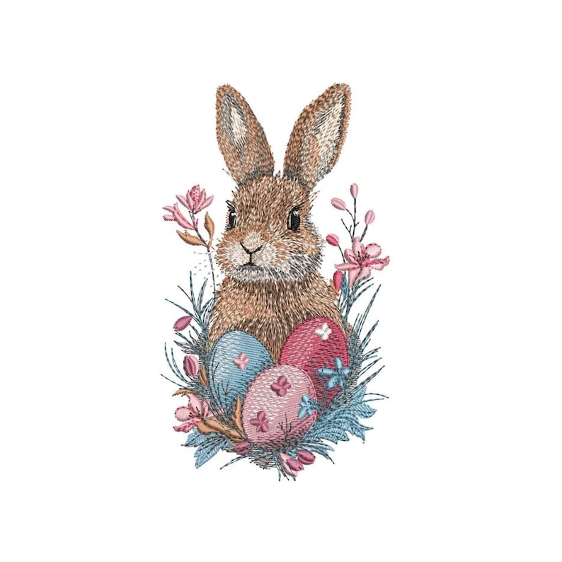 May include: A brown bunny rabbit with pink and blue Easter eggs in a nest of blue and green leaves and pink flowers.
