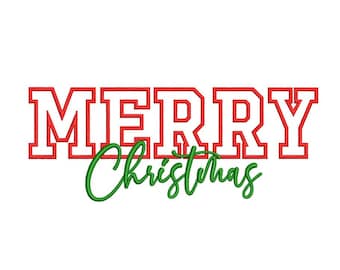 May include: Red and white outlined text that reads "Merry Christmas" with a green cursive "Christmas" underneath.