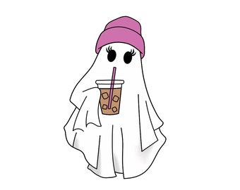 かわいいゴーストがコーヒーを飲むPNGハロウィンアイスコーヒーゴーストPNG不気味なレトロなゴーストクリップアートデジタルダウンロード昇華ハロウィンアート