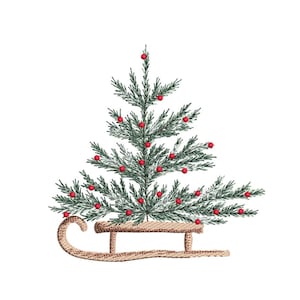 May include: An embroidered Christmas tree with red berries and a woven sled base. The tree is green with white accents, and the berries are a vibrant red. The sled is a light brown color.