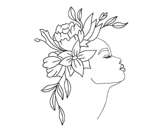Woman With Flowers Embroidery Design, Line Art Embroidery Design, 5 sizes, Instant Download